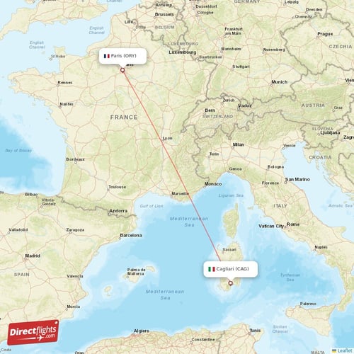 Paris - Cagliari direct flight map