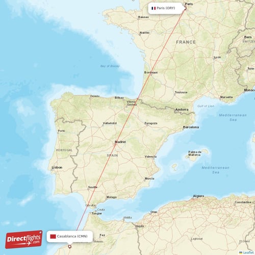 Paris - Casablanca direct flight map