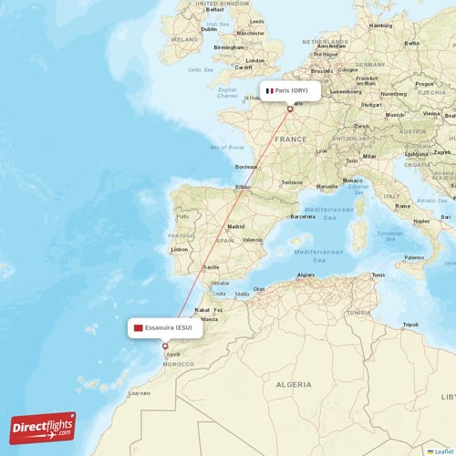 Paris - Essaouira direct flight map
