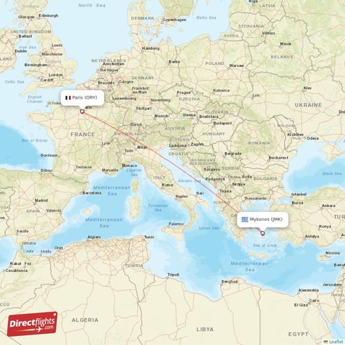 Paris - Mykonos direct flight map