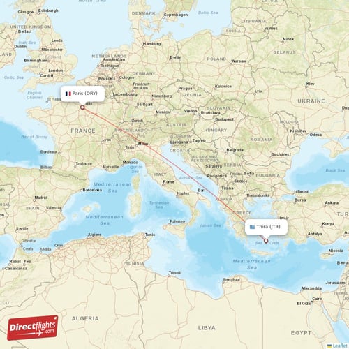 Paris - Thira direct flight map
