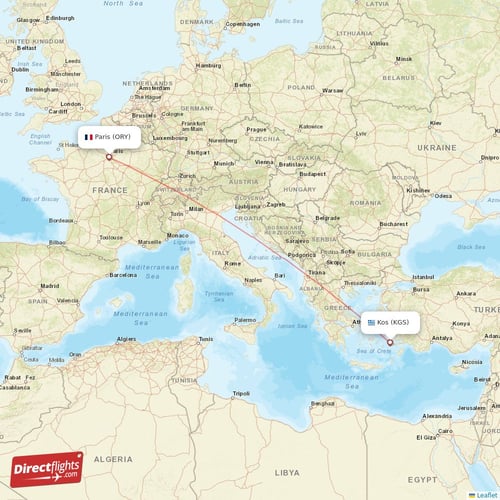 Paris - Kos direct flight map