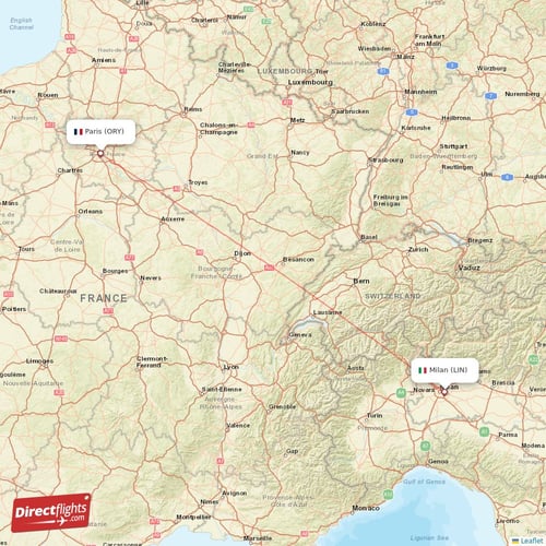 Paris - Milan direct flight map