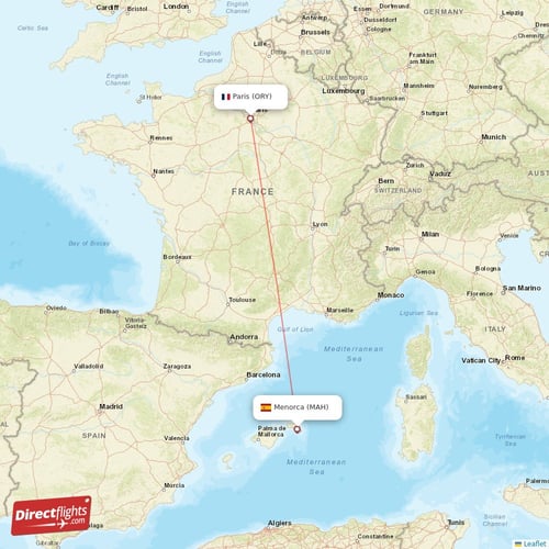 Paris - Menorca direct flight map