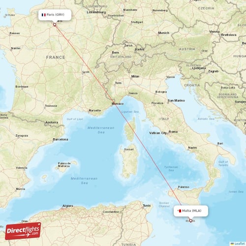 Paris - Malta direct flight map