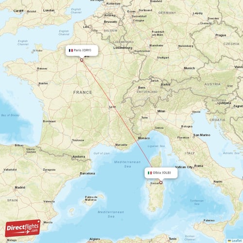 Paris - Olbia direct flight map