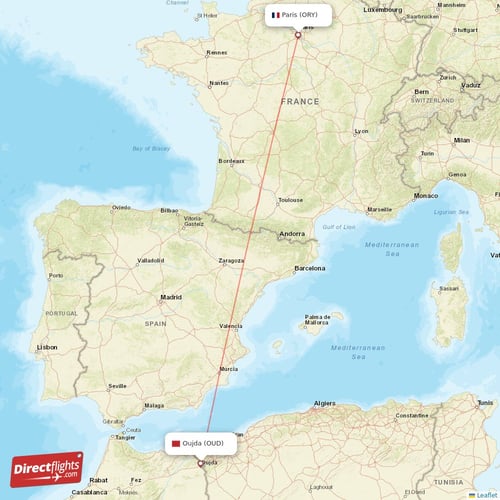 Paris - Oujda direct flight map