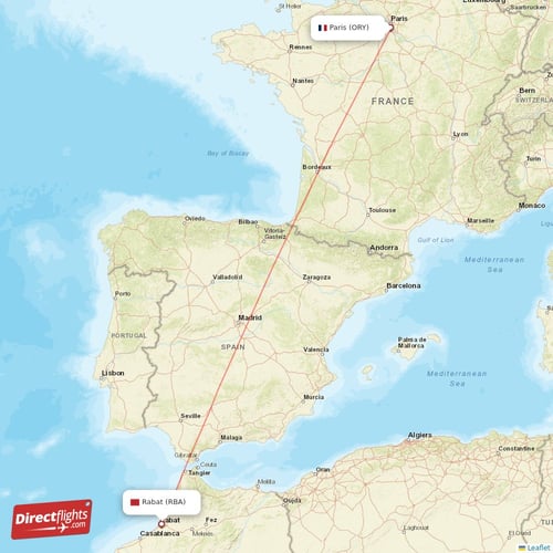Paris - Rabat direct flight map