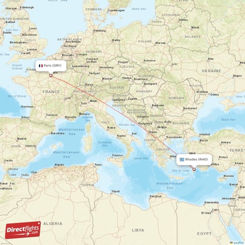 Paris - Rhodes direct flight map