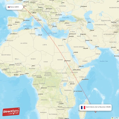 Paris - Saint Denis de la Reunion direct flight map