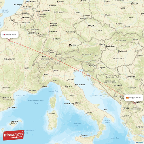 Paris - Skopje direct flight map