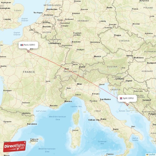 Paris - Split direct flight map