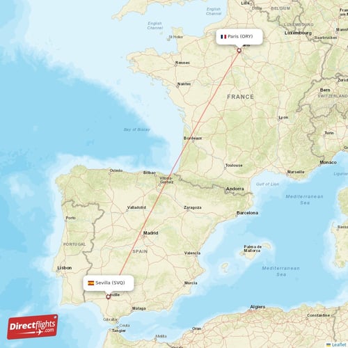 Paris - Sevilla direct flight map