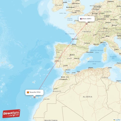 Paris - Tenerife direct flight map