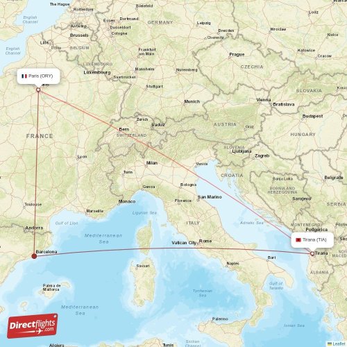 Paris - Tirana direct flight map