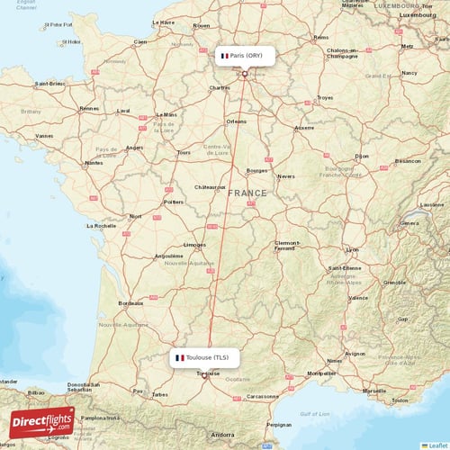 Paris - Toulouse direct flight map