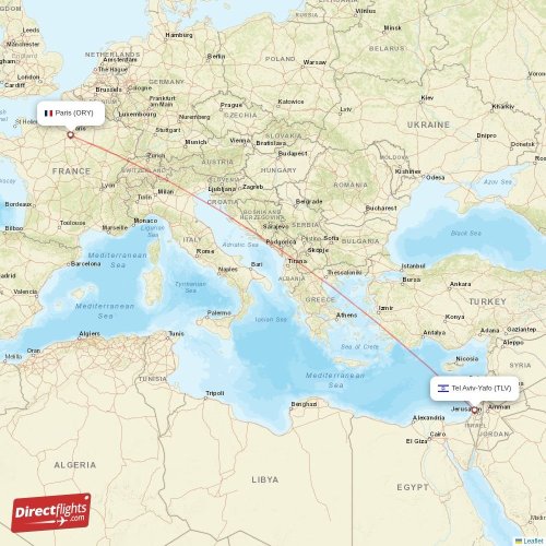 Paris - Tel Aviv-Yafo direct flight map