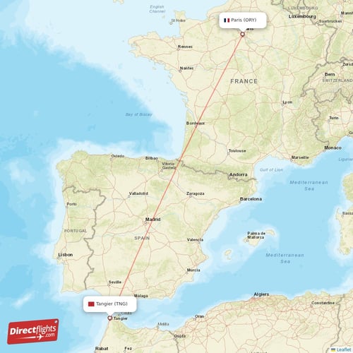 Paris - Tangier direct flight map