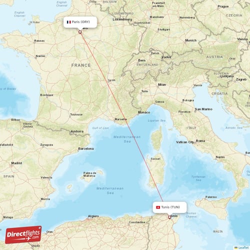 Paris - Tunis direct flight map