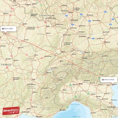 Paris - Venice direct flight map
