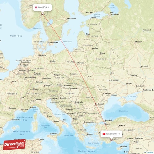 Oslo - Antalya direct flight map