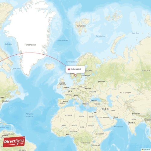 Oslo - Los Angeles direct flight map