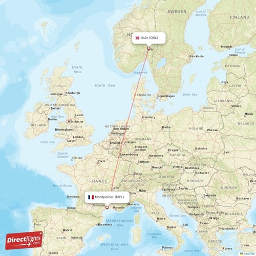 Oslo - Montpellier direct flight map