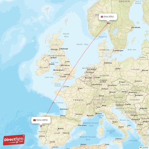 Oslo - Porto direct flight map