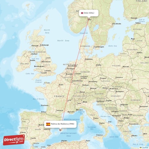 Oslo - Palma de Mallorca direct flight map