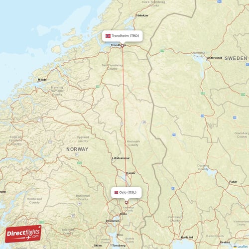 Oslo - Trondheim direct flight map