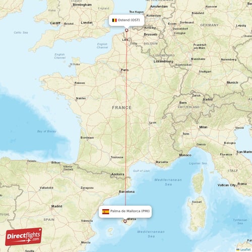 Ostend - Palma de Mallorca direct flight map