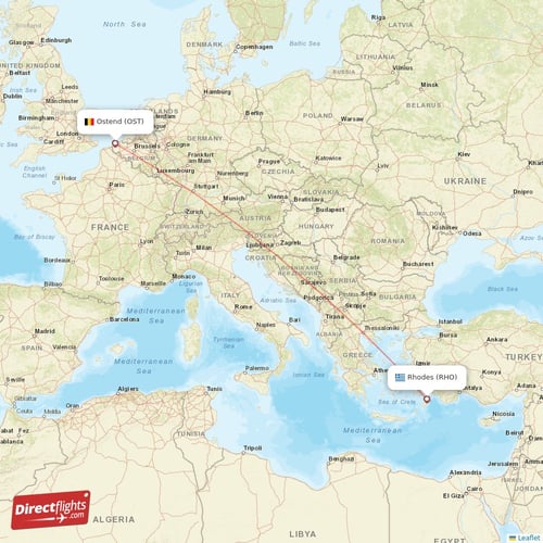 Ostend - Rhodes direct flight map