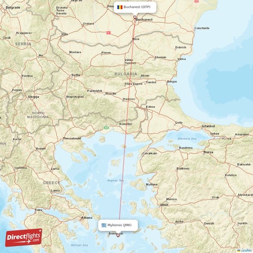 Bucharest - Mykonos direct flight map