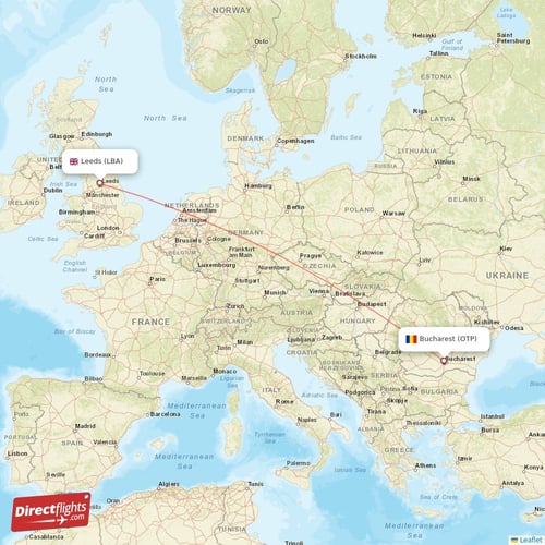 Bucharest - Leeds direct flight map