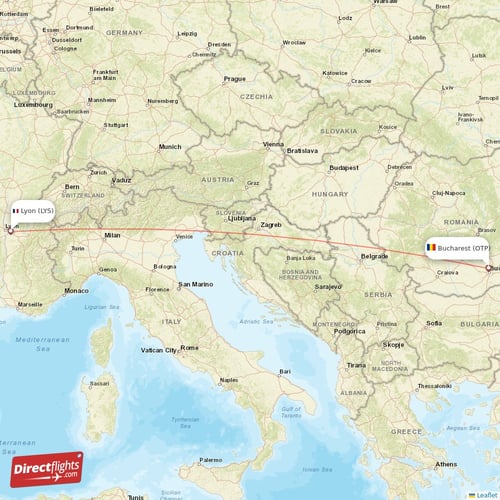 Bucharest - Lyon direct flight map
