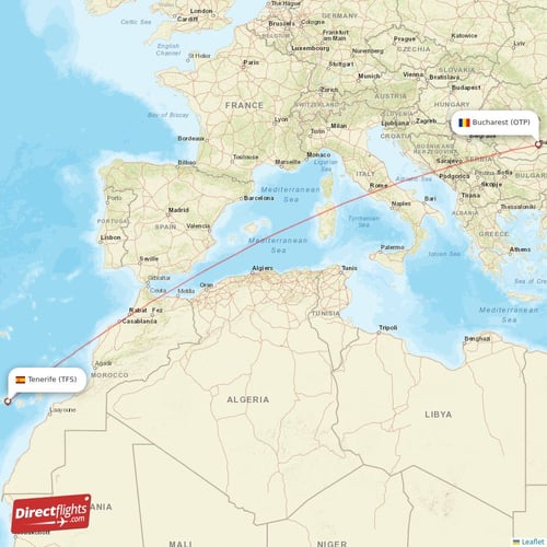 Bucharest - Tenerife direct flight map