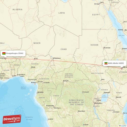 Ouagadougou - Addis Ababa direct flight map