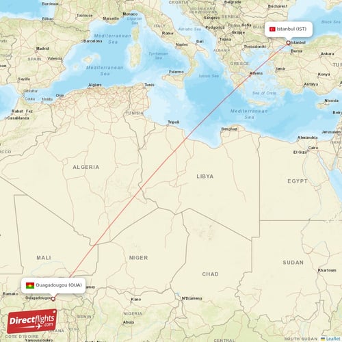 Ouagadougou - Istanbul direct flight map