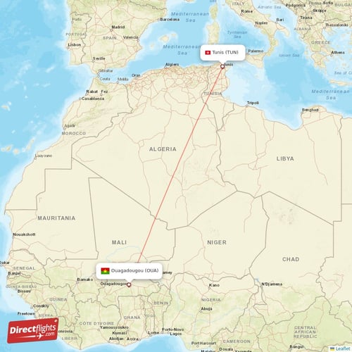 Ouagadougou - Tunis direct flight map