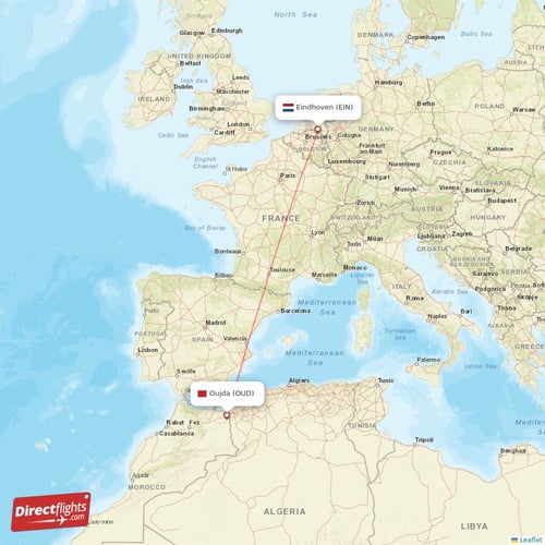Oujda - Eindhoven direct flight map