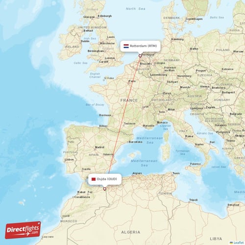 Oujda - Rotterdam direct flight map
