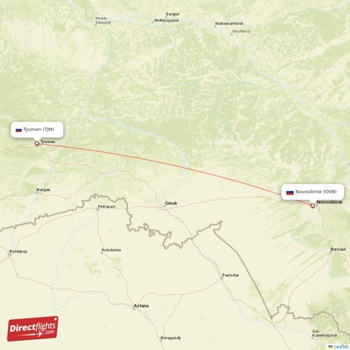 Novosibirsk - Tyumen direct flight map