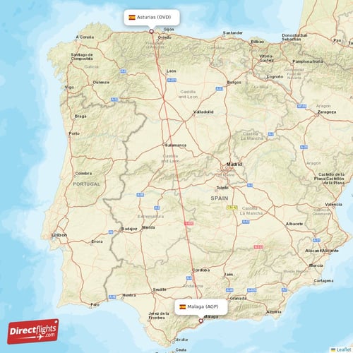 Asturias - Malaga direct flight map