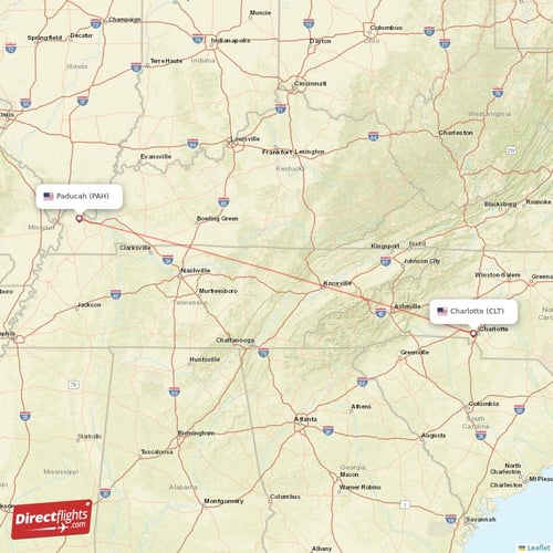 Paducah - Charlotte direct flight map