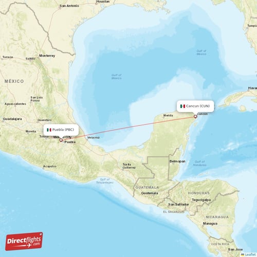 Puebla - Cancun direct flight map