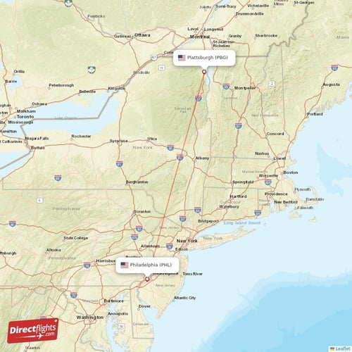Plattsburgh - Philadelphia direct flight map