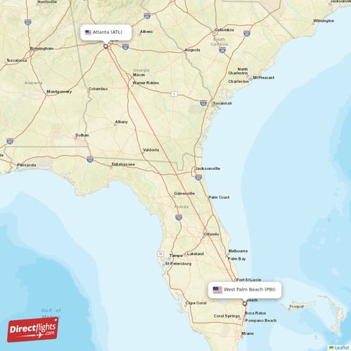 West Palm Beach - Atlanta direct flight map