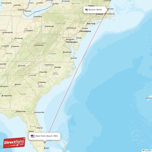 West Palm Beach - Boston direct flight map