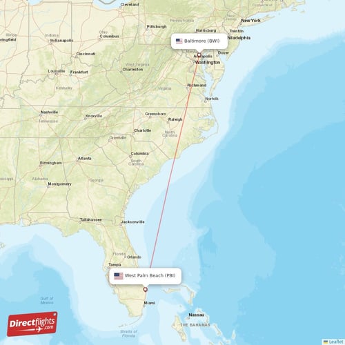 West Palm Beach - Baltimore direct flight map