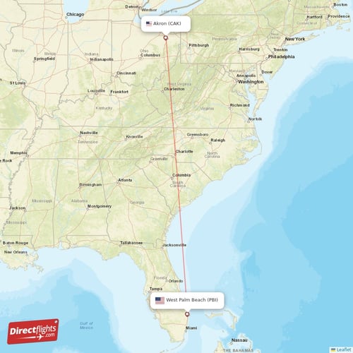 West Palm Beach - Akron direct flight map
